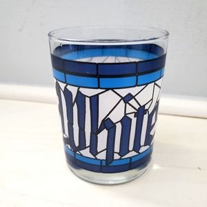 White Castle Restaurant Stained Glass Blue‎ & White Tumbler Rocks Glass Vintage